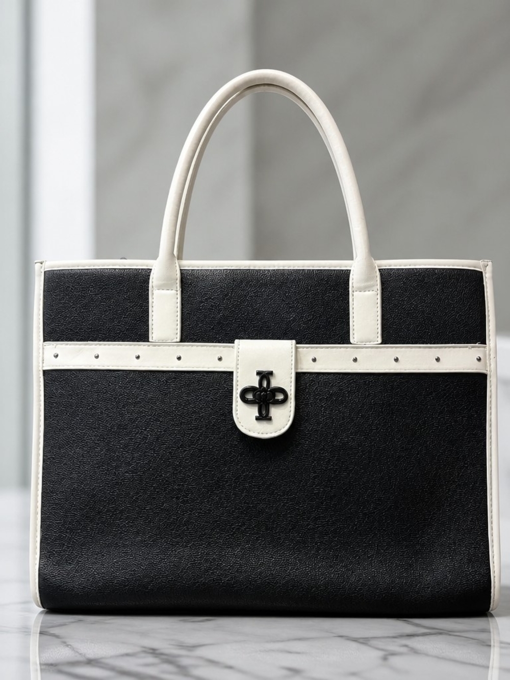 Crossi New York Two-Tone Black and Cream Top-Handle Structured Tote Bag Purse